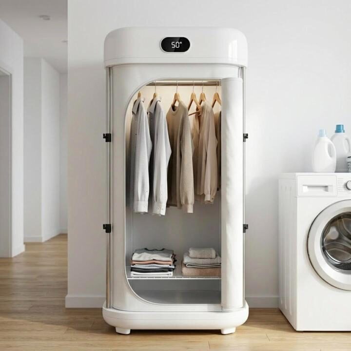 Wäschetrockner-Schrank mit aufgehängter Kleidung